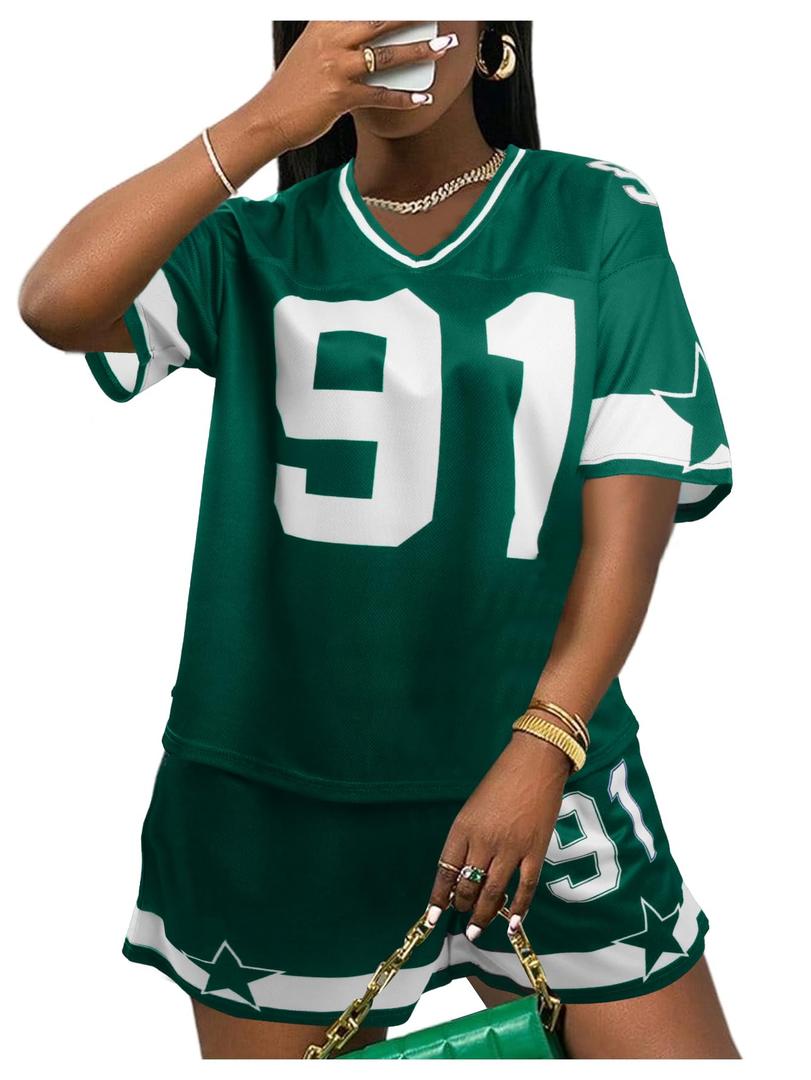KIMSOONG Jersey Shirts for Women Shorts 2 Piece Sets Going Out Number Graphic V Neck Y2K Streetwear Tee and Short Pants Suits (Green, L)