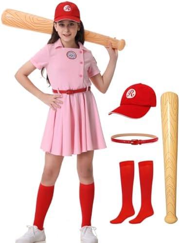 Treyrea Baseball Costume Girls Baseball Dress Uniform With Baseball Cap for Halloween Size 130