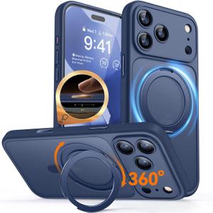 CANSHN 360 Spin Magnetic Stand for iPhone 17 Pro Case with Camera Control [Full Camera Protection] [Compatible with Magsafe] Translucent Matte Shockproof Protective Phone Cover 6.3" - Deep Blue