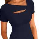 VICHYIE Womens Fashion Fall Clothes One Piece Cutout Tops Long Sleeve Ribbed Slim Fitted Shirts Tee Tshirts (X-Large, Short-navy)