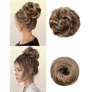HSLHDI 2PCS Messy Bun Hair Piece-Large Wavy Curly & Donut Updo Hair Pieces Set, Scrunchies Synthetic Chignon Ponytail Extensions Thick Updo for Women(Light Brown to Ash Blonde)