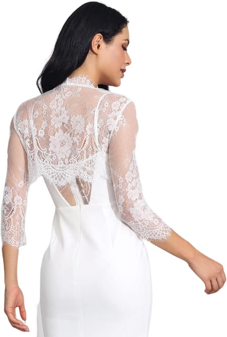 Unicra Wedding Bride Lace Shrugs for Women 3/4 Sleeves Lace Bolero Jackets for Evening Dresses Bolero Shrugs Top for Dresses (White)