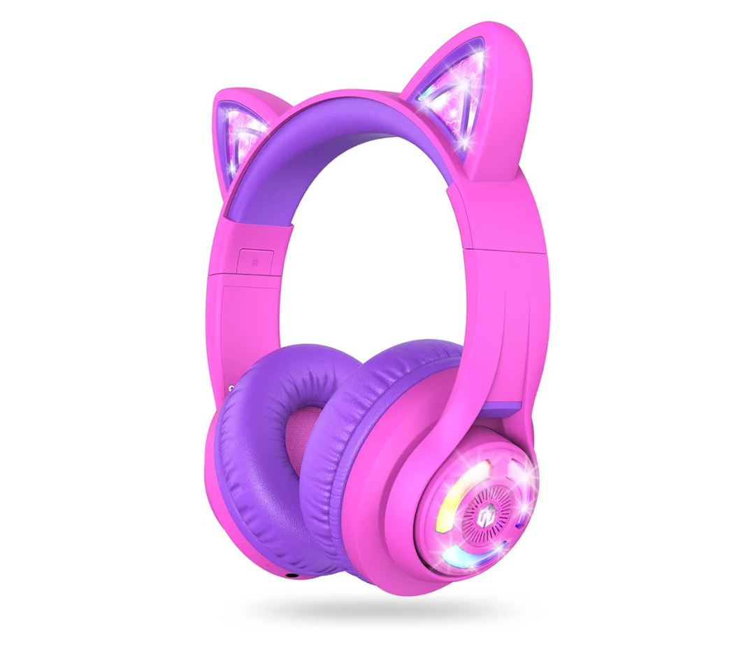 iClever Cat Ear Kids Bluetooth Headphones, LED Lights Up, 74/85dBA Safe Volume Limited, 50H Playtime, Bluetooth 5.2, USB C, Kids Headphones Wireless for Travel iPad Tablet, Meow Macaron Hot Pink