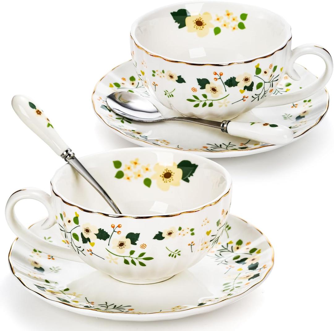 Lyellfe Set of 2 Tea Cup and Saucers, 6 Oz Floral Tea Cups with Spoon Gold Trim, Porcelain Bone China British Coffee Cappuccino Espresso Latte Mugs for Party Birthday Wedding Gifts (White)