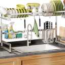 2 Tier Extra Large Stainless Steel Expandable Over The Sink Dish Drainer Drying Rack, Rust Proof Metal, Space Saving, Modern Silver Big Capacity Extendable Plate Strainers Above Kitchen Counter, Silver