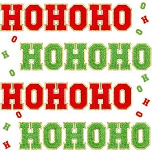 24 Pcs Self Adhesive Christmas Iron on Patches Hohoho Winter Christmas Patches Chenille Letter Glitter Red Green Sew on Embroidered Applique Patch for DIY Cloth Crafts, 2.1 Inch