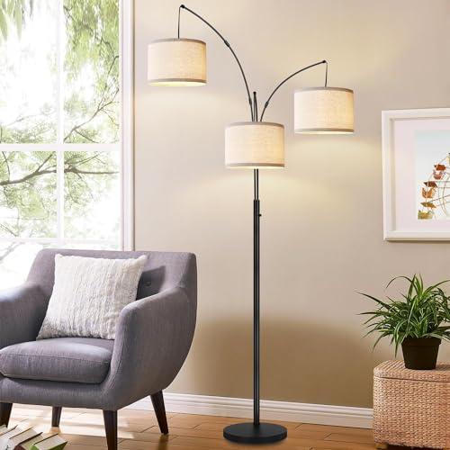 Dimmable Floor Lamp - 3 Lights Arc Floor Lamps for Living Room, 1000LM Modern Tall Standing Lamp with White Shades & Heavy Base, Mid Century Tree Floor Lamp for Bedroom Office, 3 LED Bulbs Included