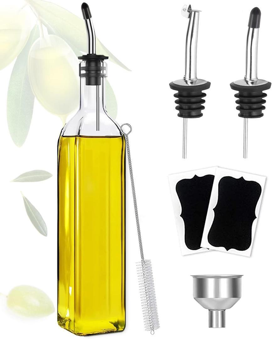 Olive Oil Dispenser, 17oz/500ml Square Tall Glass Container With 2 Stainless Steel Pourers, 2 Labels, 1 Brush and 1 Funnel for Kitchen