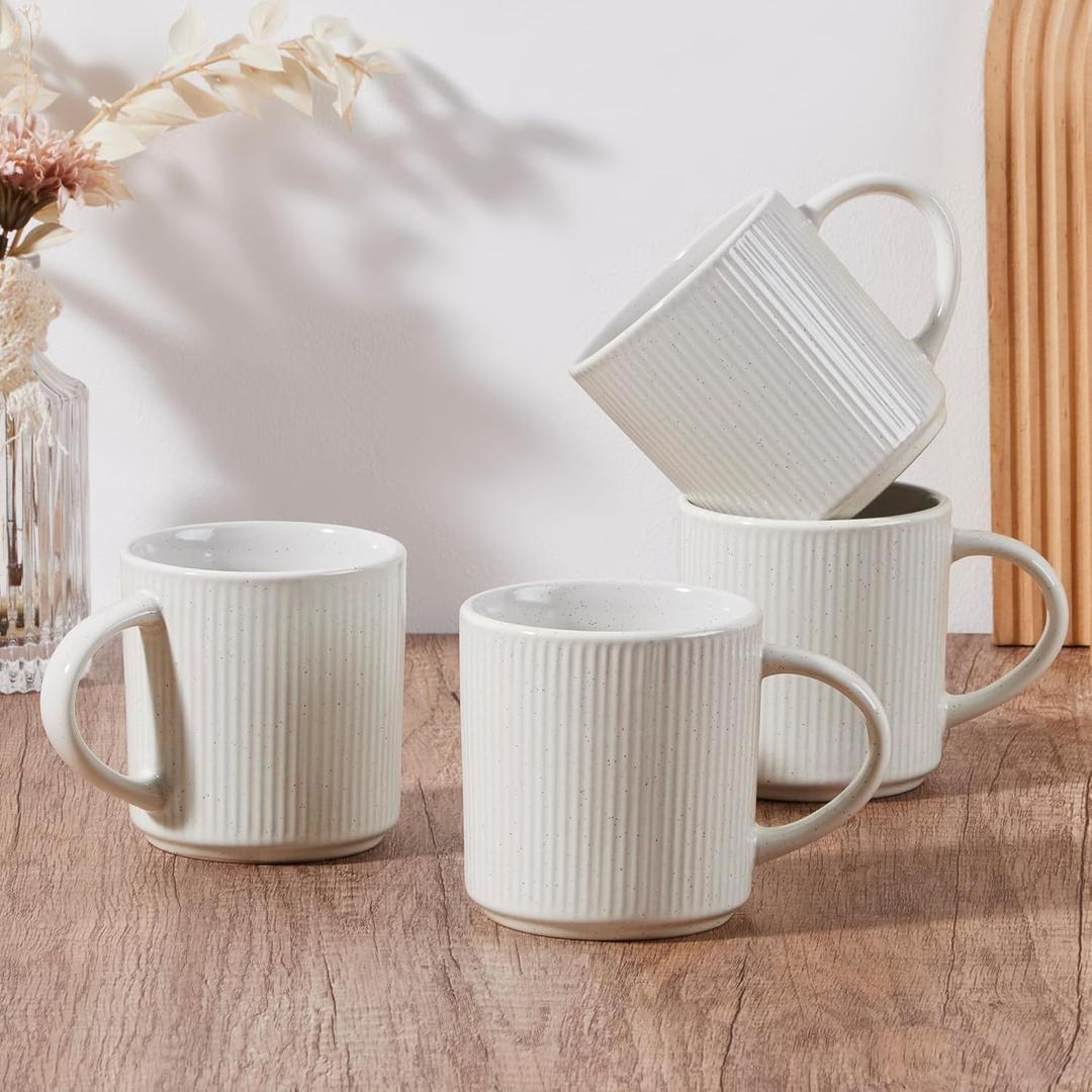 E-far Coffee Mugs Set of 4, 12 oz Stoneware Coffee Cups with Handle for Latte, Tea, Cocoa, Milk, Modern Ribbed Ceramic Mugs for Man Woman, Microwave & Dishwasher Safe, Speckled White