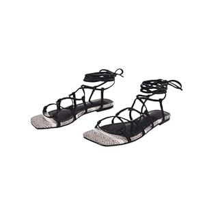 PiePieBuy Womens Lace up Square Toes Flat Sandals with Ankle Strap Summer Criss-Cross Gladiator Shoes (7.5, 1-Snake Print Sole)