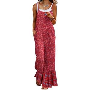 Himosyber Women's Summer Boho Jumpsuits Casual Wide Leg Bib Overalls Floral Print Patchwork Rompers with Pockets Size XL