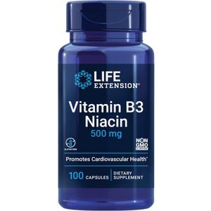 Life Extension Vitamin B3 Niacin, Heart Health, Cholesterol & Energy Support, Gluten-Free, Non-GMO, 100 Capsules