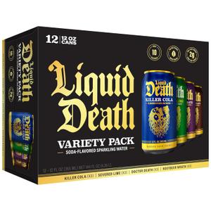 Liquid Death, Soda-Flavored Sparkling Water Variety Pack, 12-Pack (12oz Cans), Low Sugar, Huge Flavor & No Artificial Sweeteners, 4 Flavors: Severed Lime, Doctor Death, Killer Cola, and Rootbeer Wrath BBD: 03/26/27