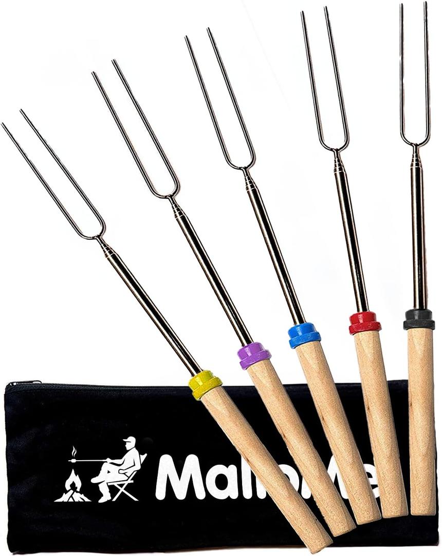MalloMe Smores Sticks for Fire Pit Long - Marshmallow Roasting Sticks Smores Kit - Smore Skewers Hot Dog Fork Campfire Cooking Equipment, Camping Essentials S'mores Gear Outdoor Accessories 32" Pack of 5