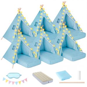esgwork Teepee Tent, 6 Pack with Air Mattress (64"x28"), Sleeping Bag, Star Lights, Eye Mask, Banner, 6 Pompoms, Indoor Canopy Tent for Parties & Relaxation (Pink)