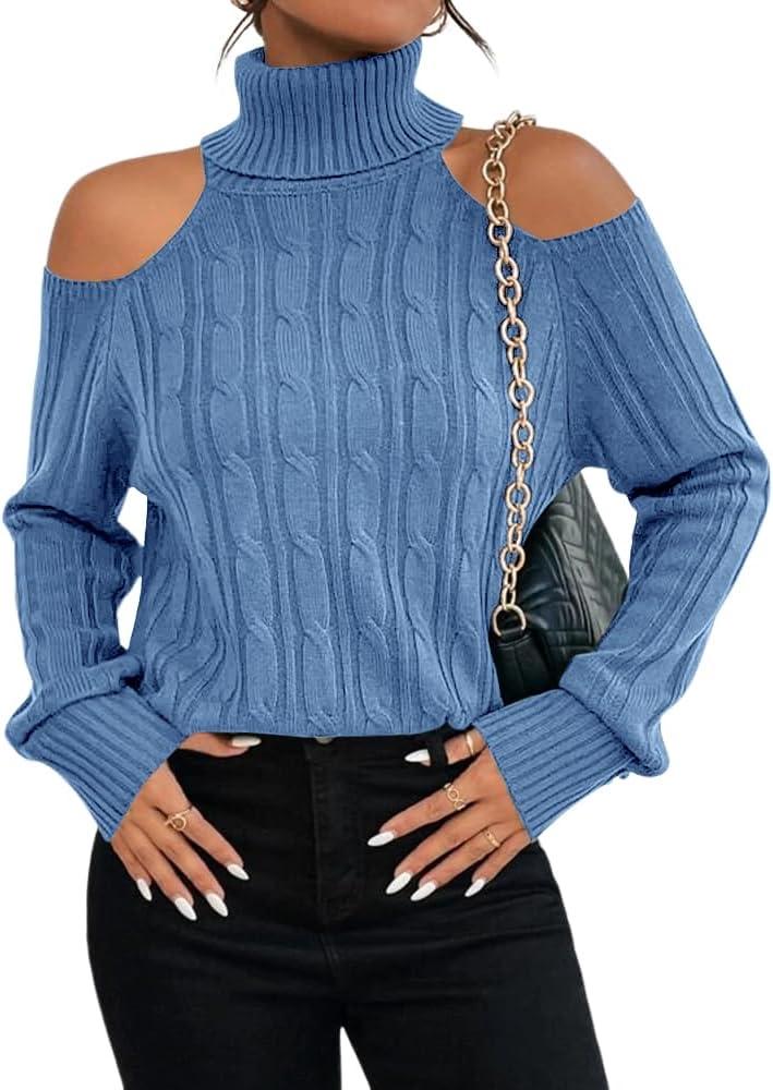 Langwyqu Womens Cold Shoulder Turtleneck Sweaters 2024 Fall Long Sleeve Soft Cable Knit Pullovers Sexy Jumper Tops (Size XL , Blue)