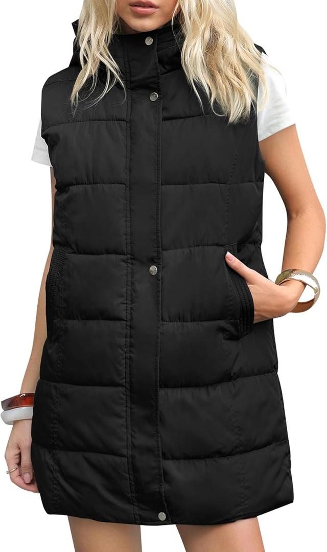 Gihuo Women's Long Puffer Vest Winter Quilted Hooded Sleeveless Zip Up Long Jacket Vest Gilet (XX-Large, Black)