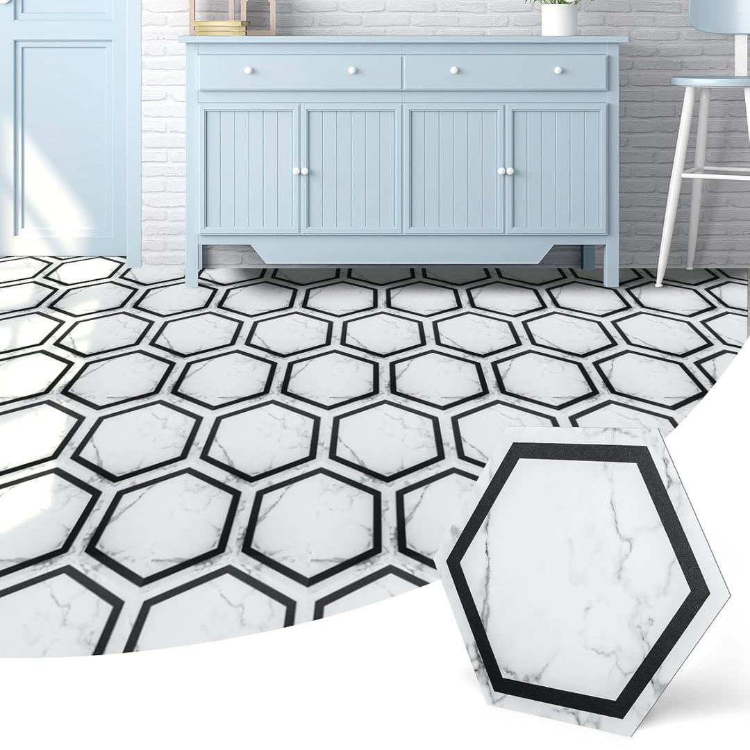 Art3d 30-Pack Hexagon Peel and Stick Flooring Tile Marble Look, Self Adhesive Waterproof Vinyl Floor Tile for Kitchen Bathroom Living Room Bedroom, 11.8" x 10.2" White Marble Art3d 30-Pack Hexagon Peel and Stick Flooring Tile Marble Look, Self Adhesive Waterproof Vinyl Floor Tile for Kitchen Bathroom Living Room Bedroom, 11.8" x 10.2" White Marble