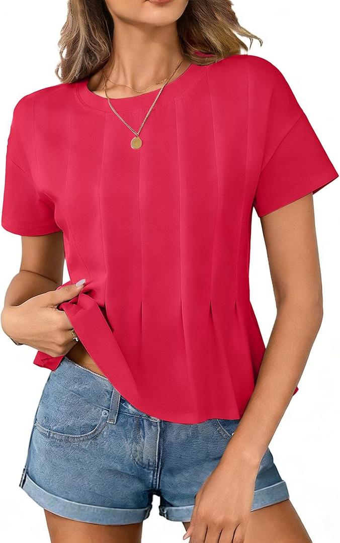 Women's Babydoll Tops T Shirts Peplum Pleated Short Sleeve Cropped Tee Summer Loose Fit Casual Crewneck Tshirts M