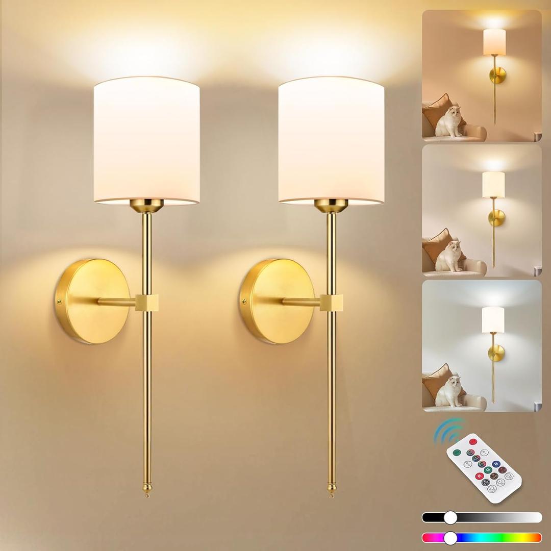 Adetu Wall Lights Battery Operated Wall Sconces Set of 2,Gold Rechargeable Wall Lamp with Remote & Bulbs,10 Colors Wireless Wall Sconces for Bedroom Living Room Hallway (2 Pack, Gold-1)
