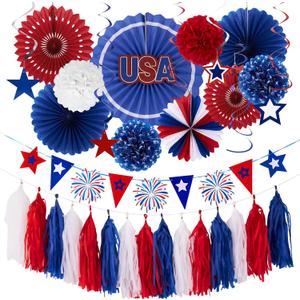4th of July Patriotic Decorations 250th Anniversary Red White Blue Paper Fans Pompom Star Tassel Garland Independence Day Hanging Swirls for Fourth of July Memorial Party Supplies Decor