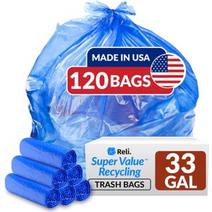 Reli. SuperValue 33 Gallon Recycling Bags (120 Count) Made in the USA - Blue Trash Bags, 30-33 Gallon | Recycling, Garbage | 33Gal with 30Gal - 35Gal Capacity