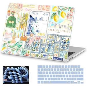 AKIT Compatible with MacBook Air 13 inch Case M5 2026-2022 M4 M3 M2 A3449 A3240 A3113 A2681, Pattern Hard Shell Laptop Case+Screen Protector+Keyboard Cover for MacBook Air 13.6 inch, Blue Stamp