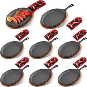 Lallisa 8 Sets Cast Iron Fajita Plate Set Fajita Plate Pan with Wooden Tray Anti Scald Protection Hot Mitt Cast Iron Skillet Set for Home Barbecue Kitchen Party Restaurant Catering Service