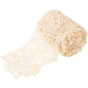 MECCANIXITY 4 Inch Wide 5 Yard Lace Ribbon Floral Pattern Light Beige Lace Trim Ribbon Milk Silk Lace Trim for Sewing Making, DIY Crafts,Gift Wrapping, Wedding Decor