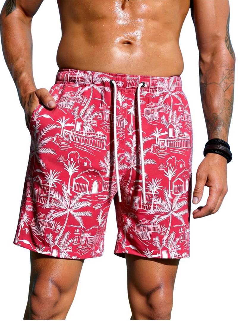 Verdusa Men's Leopard Swim Trunks Drawstring Waist Swimwear Summer Beach Shorts with Pockets Red XX-Large (Red, XXL)