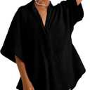 Women One Piece Jumpsuit V-Neck Half Button Collared Rompers Short Sleeve Onesie Playsuit Loose Overalls for Summer (Large, Black)