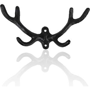 30GO Vintage Cast Iron Deer Antlers Wall Hooks Antler Decorative Hanger | Includes Screws and Anchors (Black)