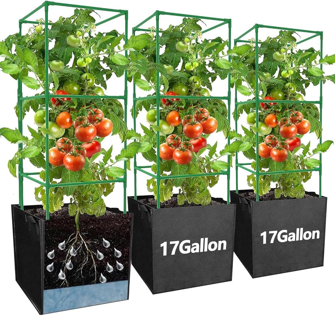 3 Packs 47 x 16 x 16 Inch Garden Tomato Cages with 17 Gallon Grow Bags- Square Plant Support Trellis Assembled with Planter Bags- Garden Cucumber Vegetables Frames for Vertical Climbing Plants