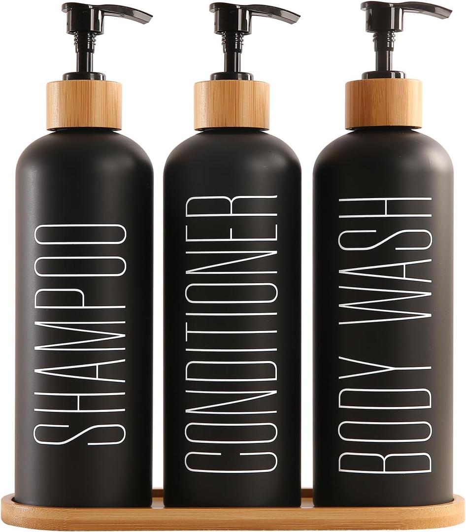 Prus Waso Shampoo and Conditioner Dispenser with Bamboo Pumps & Tray, Perfect for Bathroom Essentials for New Home (Black)