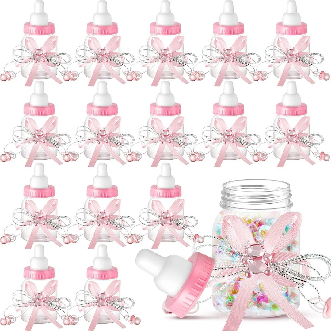 Nuenen 48 Pcs Baby Shower Milk Bottles with Ribbon Plastic Bear Candy Bottles Baby Shower Favors Gender Reveal Wedding Birthday Party Decorations(Pink)