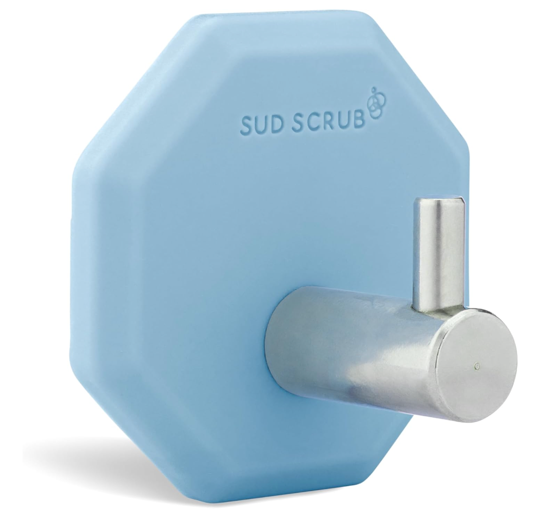 Sud Scrub® Antimicrobial Shower Hook, Self Adhesive Hooks for Shower Wall, Heavy Duty Removable Wall Hooks, Stick On Hooks for Hanging, Bathroom Towel Hook (Blue)