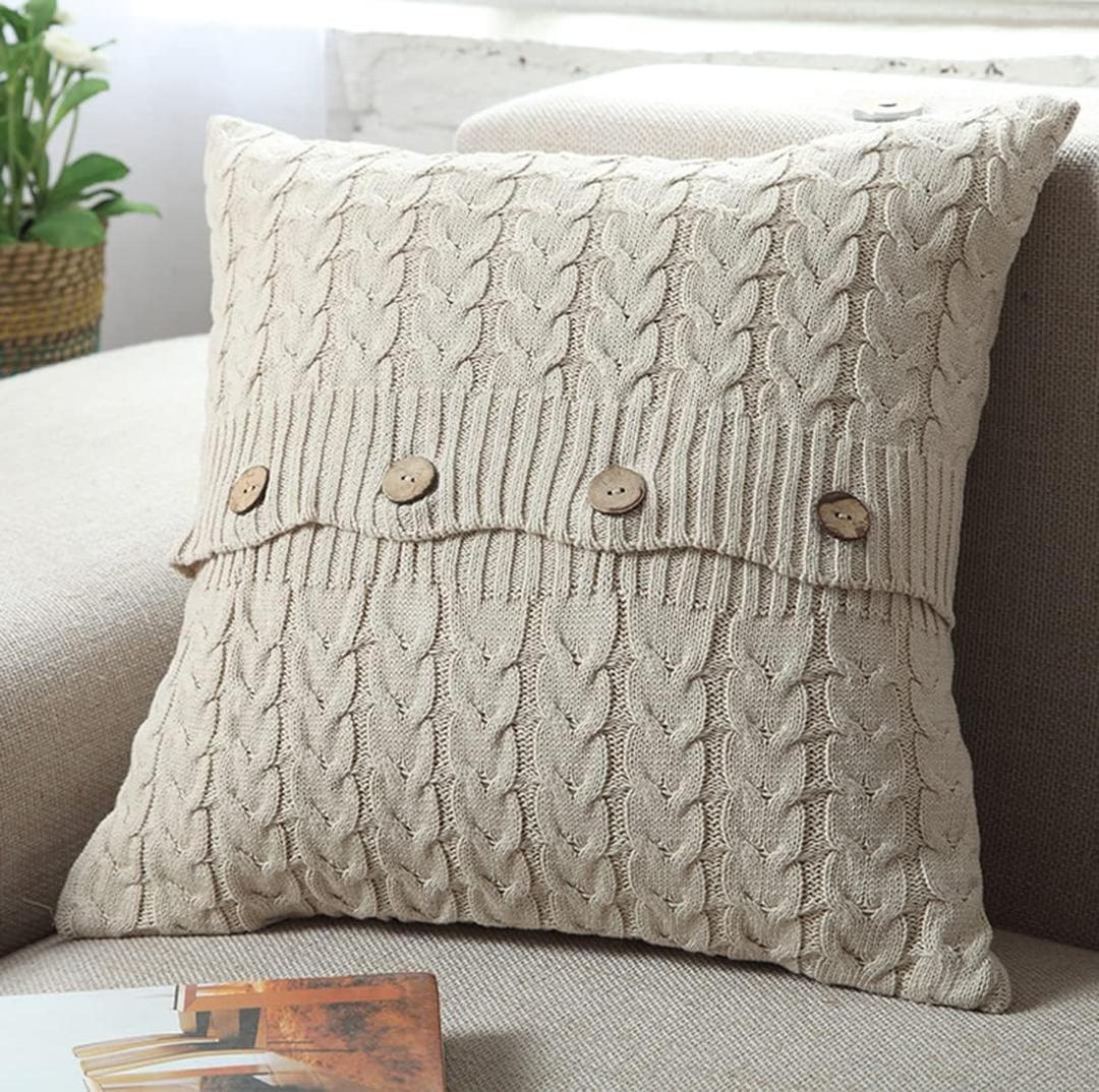 Cotton Knitted Decorative Throw Pillow Cover Sweater Square Warm Cushion Cover for Couch Bed, Home Accent Decor (Beige, 18" x 18")