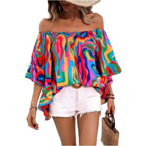 GORGLITTER Women's Off The Shoulder Tops Boho Asymmetrical 3/4 Sleeve Ruffle Colorful Blouses Shirt Tops Dressy Casual (Medium, Pink Graphic)