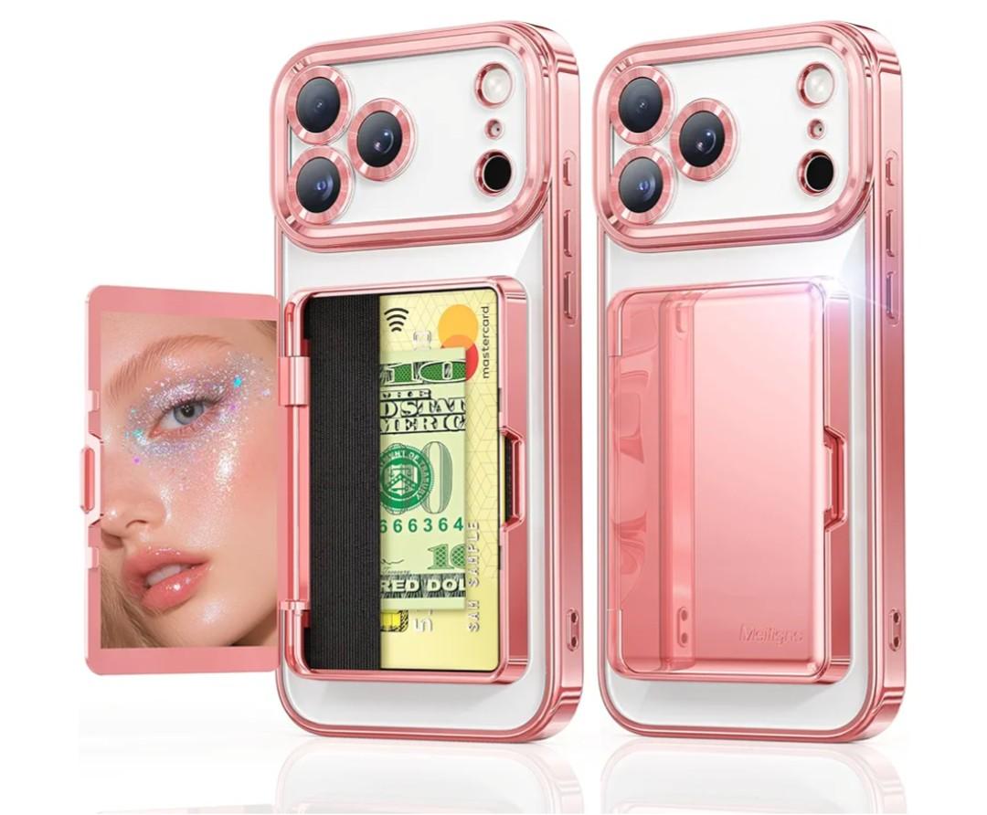 Meifigno for iPhone 17 Pro Wallet Case (Holds 3-4 Cards & Cash), Built-in Mirror & Kickstand, [Surround Raised Lens Protection] for iPhone 17 Pro Case with Card Holder for Women (6.3''), Rose Gold