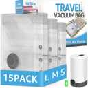 15 Packs Vacuum Bags for Travel with Rechargeable Pump, 3 Sizes Vacuum Seal Bags for Clothing, Compression Vacuum Travel Bags for Luggage, Vacuum Packing Bags for Closet Organization, 15 Combo Travel Size