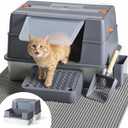 Stainless Steel Enclosed Litter Box with Lid, XL Extra Large Side Entry Metal Litter Box for Big Cats, Removable Cat Litter Box with High-Sided Enclosure, Scoop, Filter Footboard & Mat, Grey