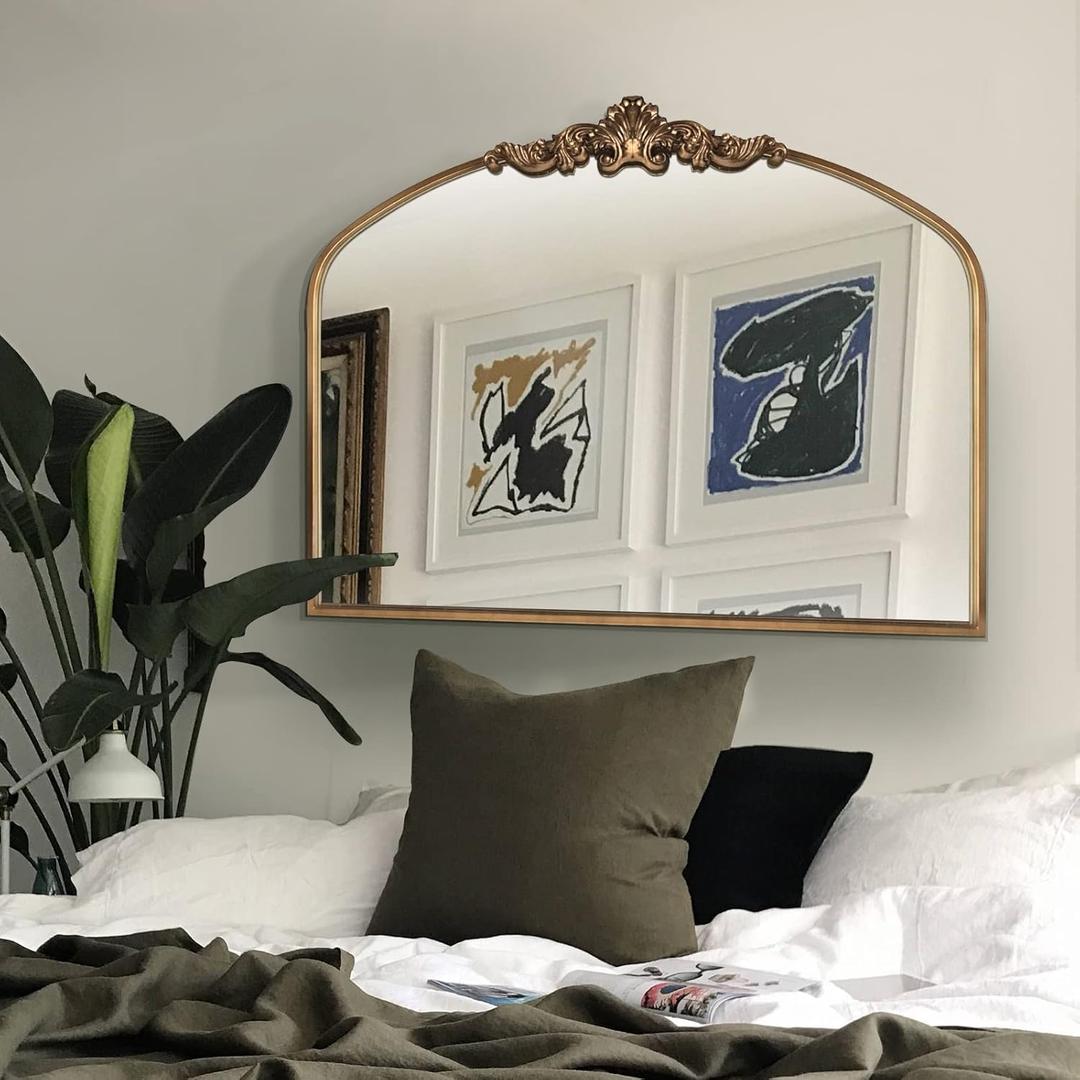 WAMIRRO Arched Mirror,Gold Traditional Vintage Ornate Baroque Mirror,Antique Brass Mirrors for Entryway/Fireplace/Living Room/Hallway/Bathroom 36 X30, Retro Gold