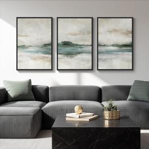 Large Framed Abstract Nature Landscape Wall Art for Living Room, Set of 3 Modern Canvas Prints Paintings Artwork for Walls, Green Lake Pictures for Hallway, Dining Room, Office Wall Decor 24x36 Inch