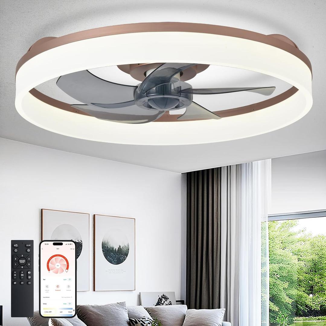 DLLT LED Ceiling Fan with Light: 20" Modern Low Profile Flush Mount Fandelier with App & Remote Control - Dimmable Brown Bladeless Fan Light Fixture for Bedroom Kids Room Living Room DLLT LED Ceiling Fan with Light: 20" Modern Low Profile Flush Mount Fandelier with App & Remote Control - Dimmable Brown Bladeless Fan Light Fixture for Bedroom Kids Room Living Room