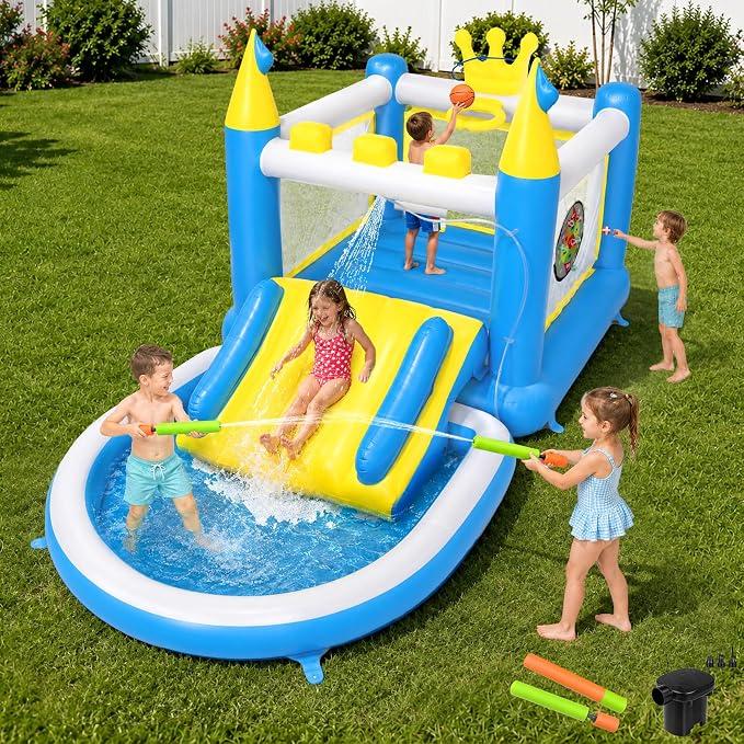 Inflatable Water Slide for Kids Ages 3-8, 6-in-1 PVC Water Bounce House
Blow Up Water Park with Splash Pool, Basketball Hoop, Ring Toss & Water Guns, Air Blower, for Backyard, Outdoor, Indoor