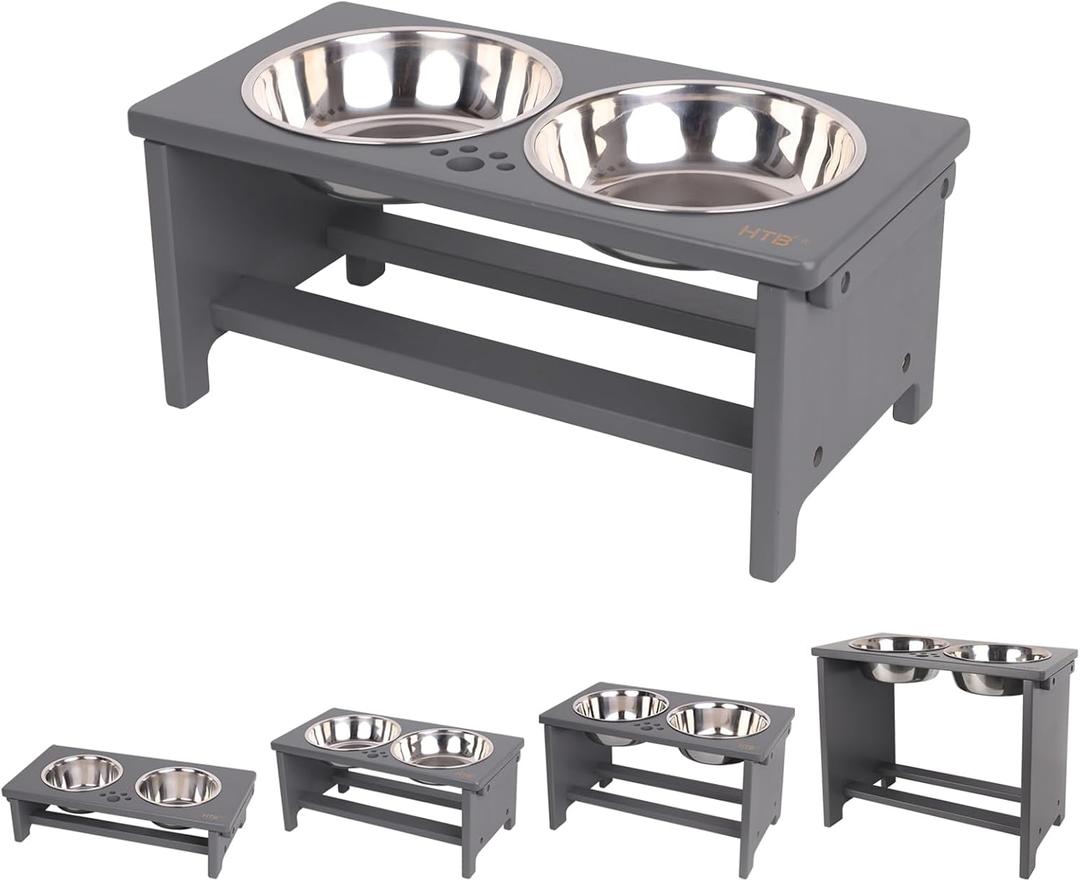 HTB Elevated Dog Bowls, Raised Dogs Food Stand with 2 Stainless Steel Bowls, Elevated Raised Dog Dishes for Large Medium Small Sized Pet Sturdy Bamboo Food Feeder Natural
