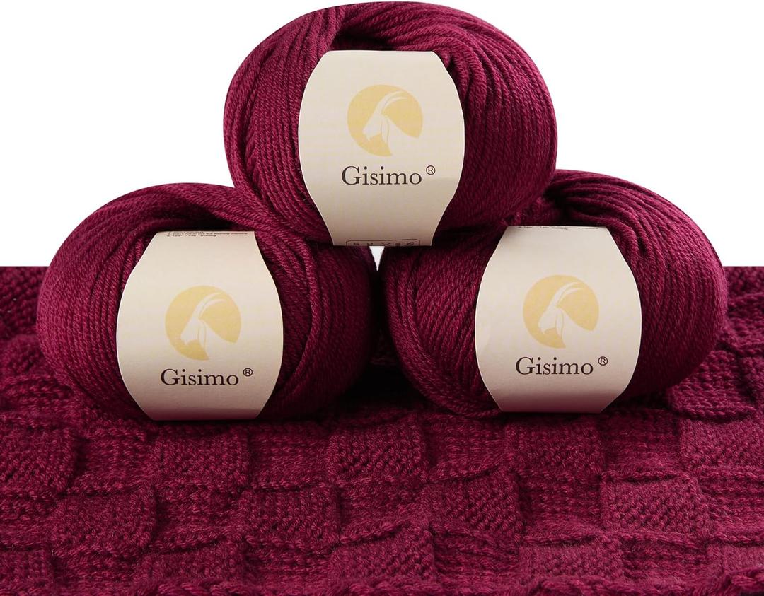 100% Merino Wool Yarn, 6-Ply Luxurious and Soft Yarn for Hand Knitting & Crocheting, 1.76 OZ/50g, 127 yds/116 Meters(Deep Red, 3 Balls)