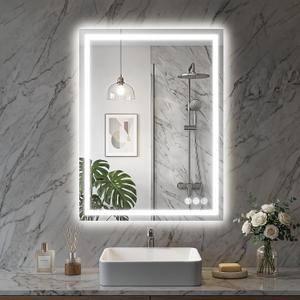 LED Bathroom Mirror, 24"x36" with Frontlit and Backlit Anti-Fog Mirror with Lights LED Vanity Mirror for Bathroom 3 Colors Temperature & Dimmable Bathroom Mirror with HD Tempered Glass