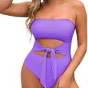 Pink Queen Women Bandeau One Piece Swimsuit Removable Strap Cutout Tie High Waist Bathing Suit Monokini (Large, Lavender Purple)