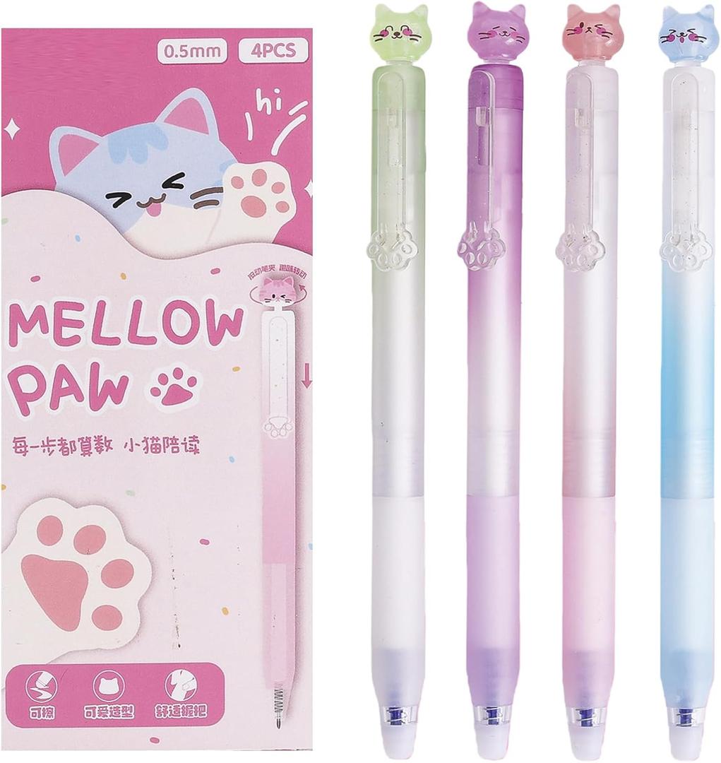 4 Pcs Cute Erasable Gel Pens Cat Retractable Pens Cartoon Kitten Erasable Pen 0.5mm Blue Ink Writing Pen for Women Girls Boys Office School Supplies (Erasable Pens-Blue Ink)